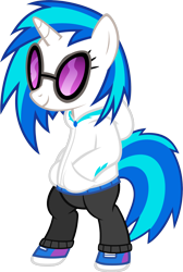 Size: 1430x2134 | Tagged: safe, artist:zacatron94, imported from derpibooru, dj pon-3, vinyl scratch, pony, unicorn, bipedal, clothes, female, hoodie, hooves, horn, mare, shoes, simple background, smiling, solo, sunglasses, transparent background, vector