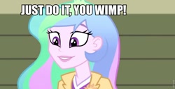 Size: 960x491 | Tagged: safe, imported from derpibooru, screencap, princess celestia, human, two best sisters play, equestria girls, rainbow rocks, cutie mark accessory, female, image macro, just do it you wimp, meme, pat (tbfp), patlestia, principal celestia, solo, two best friends play