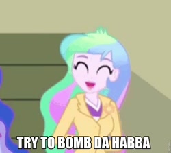 Size: 674x602 | Tagged: safe, imported from derpibooru, screencap, princess celestia, equestria girls, rainbow rocks, caption, chinpokomon, cutie mark accessory, eyes closed, female, image macro, meme, open mouth, principal celestia, solo, south park