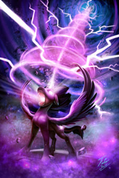 Size: 605x900 | Tagged: safe, artist:tsitra360, imported from derpibooru, twilight sparkle, alicorn, pony, apotheosis, badass, epic, female, floppy ears, glowing eyes, lightning, magic, magic overload, mare, oblivion, open mouth, shoop da whoop, solo, spread wings, surreal, twilight sparkle (alicorn), vortex