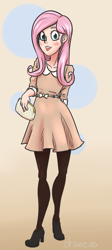 Size: 485x1080 | Tagged: safe, artist:draneas, imported from derpibooru, fluttershy, human, 60's fashion, 60s, clothes, dress, female, high heels, humanized, pantyhose, purse, solo, tights