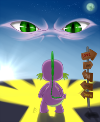 Size: 700x858 | Tagged: safe, artist:pia-sama, imported from derpibooru, spike, dragon, commission, crossroads, dragon eyes, fanart, fanfic, fanfic art, fanfic cover, female, male, moon, path, straight, sun