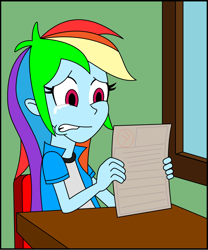 Size: 958x1153 | Tagged: safe, artist:brigadierdarman, imported from derpibooru, rainbow dash, equestria girls, classroom, crying, f, fail, reference, sad, school, solo, test, the simpsons