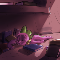 Size: 1024x1024 | Tagged: safe, artist:imsokyo, imported from derpibooru, spike, daily sleeping spike, book, bookshelf, floor, library, male, sleeping, solo, tumblr