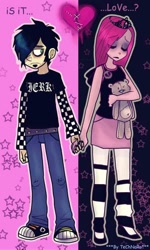 Size: 600x1000 | Tagged: safe, artist:technaro, imported from derpibooru, pinkie pie, human, clothes, comic sans, converse, crossover shipping, dan, dan pie, dan vs, emo, eyeshadow, female, goth, gothic pinkie, heart, holding hands, humanized, jeans, male, pinkamena diane pie, shipping, shoes, skirt, stockings, straight, teddy bear, tiara