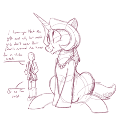 Size: 700x700 | Tagged: safe, artist:goat train, imported from derpibooru, oc, oc only, oc:anon, oc:gloomy, human, pony, dialogue, giant pony, looking away, macro, monochrome, necklace, scrunchy face, sketch