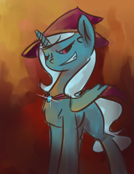 Size: 700x907 | Tagged: artist needed, source needed, safe, artist:ask-emo-and-vampire-dash, imported from derpibooru, trixie, pony, unicorn, /mlp/, alicorn amulet, dark, dark magic, evil, evil grin, female, grin, looking back, magic, mare, smiling, solo