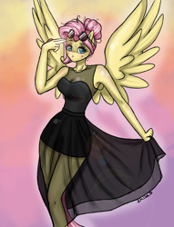 Size: 700x916 | Tagged: safe, artist:smisa, imported from derpibooru, fluttershy, anthro, clothes, dress, female, solo, sunglasses