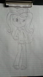 Size: 575x1024 | Tagged: safe, artist:deon miller, imported from derpibooru, fluttershy, equestria girls, clothes, cute, drawing, female, hoodie, lined paper, monochrome, photo, shoes, shy, shyabetes, solo, traditional art