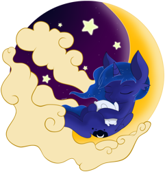 Size: 2000x2079 | Tagged: safe, artist:zzvinniezz, imported from derpibooru, princess luna, rabbit, cloud, cloudy, crescent moon, eyes closed, female, filly, moon, on back, pillow, sleeping, solo, stars, tangible heavenly object, woona