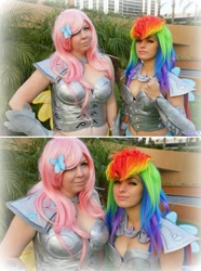 Size: 652x877 | Tagged: safe, artist:flyawayskyx3, artist:ladymella, imported from derpibooru, fluttershy, rainbow dash, human, the crystal empire, armor, armor skirt, clothes, cosplay, crystal guard armor, irl, irl human, photo, skirt