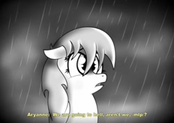 Size: 1024x724 | Tagged: safe, imported from derpibooru, oc, oc only, oc:aryanne, black and white, cloud, cloudy, cross-eyed, dub, floppy ears, frown, grayscale, monochrome, rain, sad, solo, the saboteur, wet, wet mane, worried, worry