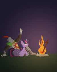 Size: 500x625 | Tagged: safe, artist:crack javelin, imported from derpibooru, twilight sparkle, armor, crossover, dark souls, fanfic, fanfic art, fanfic cover, fire, night, pointing, solaire of astora