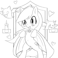 Size: 1500x1500 | Tagged: safe, artist:randy, imported from derpibooru, oc, oc only, oc:aryanne, bat, pony, vampire, belly button, bipedal, black and white, bleh, candle, cape, clothes, cute, fangs, female, grayscale, heart, looking at you, monochrome, nazi, open mouth, sketch, smiling, solo, swastika, xd