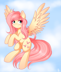 Size: 2300x2700 | Tagged: safe, artist:sirinsta, imported from derpibooru, fluttershy, pegasus, pony, female, flying, mare, sky, smiling, solo