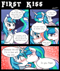 Size: 1300x1544 | Tagged: safe, artist:vavacung, imported from derpibooru, princess celestia, oc, oc:paper mache, pony, comic:to love god - to love mortal, blushing, canon x oc, comic, crying, female, kissing, lesbian, mare, open mouth, smiling, sweat