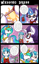 Size: 1325x2148 | Tagged: safe, artist:vavacung, imported from derpibooru, princess celestia, rarity, spike, oc, oc:paper mache, pony, comic:to love god - to love mortal, blushing, canon x oc, comic, female, lesbian, mare, smiling, sweat