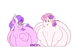 Size: 838x558 | Tagged: safe, artist:secretgoombaman12345, imported from derpibooru, diamond tiara, sweetie belle, earth pony, pony, unicorn, belly, chubby, chubby cheeks, chubby diamond, double chin, fat, glasses, implied digestion, implied twist, implied vore, impossibly large butt, impossibly wide hips, kitchen eyes, morbidly obese, neckboobs, nervous, obese, sweat, sweatdrop, sweetie belly, tongue out, wide hips
