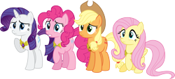 Size: 14066x6400 | Tagged: safe, artist:parclytaxel, imported from derpibooru, applejack, fluttershy, pinkie pie, rarity, .svg available, absurd resolution, element of generosity, element of honesty, element of kindness, element of laughter, elements of harmony, frown, gritted teeth, raised hoof, simple background, transparent background, varying degrees of want, vector, wide eyes, worried