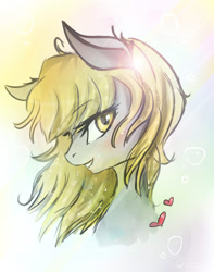 Size: 1222x1554 | Tagged: safe, artist:wilvarin-liadon, imported from derpibooru, derpy hooves, pegasus, pony, blushing, female, floppy ears, heart, lens flare, mare, messy mane, smiling, solo