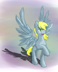 Size: 1000x1233 | Tagged: safe, artist:kira-minami, imported from derpibooru, derpy hooves, pegasus, pony, female, happy, mare, open mouth, raised hoof, smiling, solo, spread wings