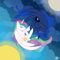 Size: 2160x2160 | Tagged: safe, artist:kiera14, imported from derpibooru, princess celestia, princess luna, duality, moon, sun