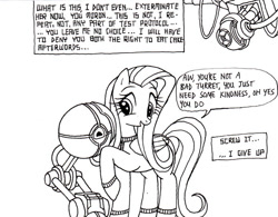 Size: 600x468 | Tagged: safe, artist:ricedawg, imported from derpibooru, fluttershy, pegasus, pony, black and white, clothes, crossover, female, glados, grayscale, monochrome, portal (valve), solo