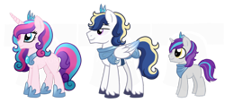 Size: 1024x472 | Tagged: safe, artist:tambelon, imported from derpibooru, princess cadance, shining armor, oc, oc only, oc:prince charming, oc:radiant spark, oc:shining knight, lightly watermarked, offspring, parent:princess cadance, parent:shining armor, parents:shiningcadance, watermark