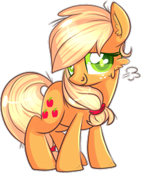 Size: 521x637 | Tagged: safe, artist:suzuii, imported from derpibooru, applejack, cute, ear fluff, female, fluffy, hatless, jackabetes, looking at you, missing accessory, shy, simple background, smiling, solo, transparent background