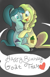 Size: 1248x1920 | Tagged: safe, artist:mrrowboat, imported from derpibooru, oc, oc only, oc:cumulonimbus, oc:goatmod, oc:sequoia, goat, blushing, cuddling, happy birthday, heart, hug, macro, open mouth, snuggling