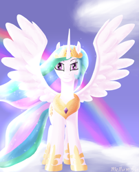 Size: 2415x2994 | Tagged: safe, artist:mcnum, imported from derpibooru, princess celestia, cloud, cloudy, female, looking at you, rainbow, smiling, solo, spread wings