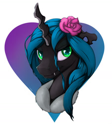 Size: 1300x1436 | Tagged: safe, artist:sceathlet, imported from derpibooru, queen chrysalis, changeling, changeling queen, female, floppy ears, flower in hair, portrait, simple background, solo