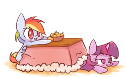 Size: 1300x800 | Tagged: safe, artist:joycall6, imported from derpibooru, rainbow dash, twilight sparkle, alicorn, pony, female, kotatsu, lesbian, mare, shipping, simple background, sitting, twidash, twilight sparkle (alicorn)