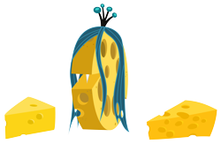 Size: 6000x3900 | Tagged: safe, artist:magister39, imported from derpibooru, queen chrysalis, changeling, changeling queen, cheese, cheese wheel, cheeseling, fangs, female, joke, object, queen swissalis