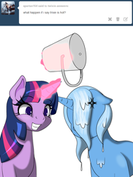 Size: 600x800 | Tagged: safe, artist:dekomaru, imported from derpibooru, trixie, twilight sparkle, pony, unicorn, tumblr:ask twixie, ask, bucket, cross-popping veins, female, glowing horn, ice bucket challenge, lesbian, magic, shipping, simple background, telekinesis, tumblr, twixie, wet, wet mane, white background