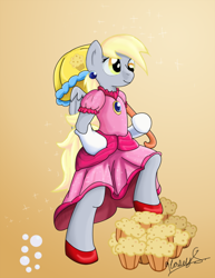 Size: 600x777 | Tagged: safe, artist:xnosidex, imported from derpibooru, derpy hooves, pony, semi-anthro, bipedal, clothes, crossover, derpypeach, dress, female, gloves, muffin, nintendo, princess peach, shoes, solo, super mario bros., umbrella