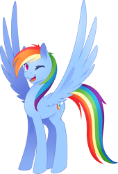 Size: 932x1368 | Tagged: safe, artist:nekiw, imported from derpibooru, rainbow dash, pegasus, pony, female, happy, one eye closed, simple background, smiling, solo, spread wings, transparent background, wings, wink