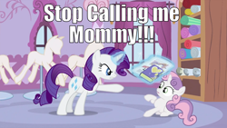 Size: 994x559 | Tagged: safe, imported from derpibooru, rarity, sweetie belle, caption, image macro, implications, meme