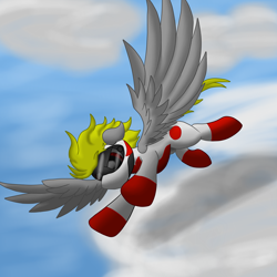 Size: 2600x2600 | Tagged: safe, artist:flashiest lightning, imported from derpibooru, oc, oc only, pegasus, pony, cloud, cloudy, flight, flying, helmet, male, racing horse, racing suit, solo