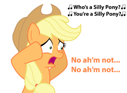 Size: 2422x1772 | Tagged: safe, artist:vincentthecrow, imported from derpibooru, applejack, earth pony, pony, accent, applejack's hat, cowboy hat, denial, despair, female, hat, mare, mental breakdown, sad, silly, silly pony, solo, stressed, text, vtc's wacky vectors, who's a silly pony