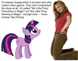 Size: 600x475 | Tagged: safe, imported from derpibooru, twilight sparkle, background pony strikes again, drama bait, fake, moms against gaming, mouthpiece, op is a duck, op is trying to start shit, poe's law, seems legit, spiderman thread, tara strong, video game