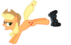 Size: 580x371 | Tagged: safe, imported from derpibooru, applejack, background pony strikes again, bucking, controller, downvote bait, duckery in the description, moms against gaming, op is a duck, op is trying to start shit, playstation 3