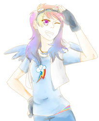 Size: 1637x2000 | Tagged: safe, artist:xtomatolove, imported from derpibooru, rainbow dash, human, female, humanized, solo, winged humanization