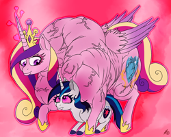 Size: 1280x1024 | Tagged: safe, artist:sovereignbooty, imported from derpibooru, princess cadance, shining armor, female, fetish, gleaming cadance, gleaming shield, lesbian, love, love magic, magic, muscle fetish, muscles, overdeveloped muscles, princess ca-dense, role reversal, rule 63, shiningcadance, shipping, someone got their idea of muscle definition from akira, vein, wat