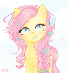 Size: 741x800 | Tagged: safe, artist:mcponyponypony, imported from derpibooru, fluttershy, butterfly, alternate hairstyle, female, flower in hair, rapunzel, smiling, solo