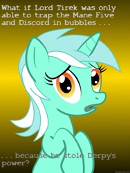 Size: 625x833 | Tagged: safe, imported from derpibooru, derpy hooves, lord tirek, lyra heartstrings, pegasus, pony, unicorn, twilight's kingdom, bubble, conspiracy lyra, exploitable meme, female, mare, meme, mind blown