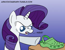 Size: 1280x989 | Tagged: safe, artist:cocoabrush, imported from derpibooru, rarity, 30 minute art challenge, crocs, female, frown, glare, hissing, open mouth, pointing, shoes, solo