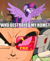 Size: 718x881 | Tagged: safe, edit, edited screencap, imported from derpibooru, screencap, twilight sparkle, alicorn, pony, saiyan, twilight's kingdom, dragon ball, dragon ball z, exploitable meme, female, mare, meme, scouter, twilight sparkle (alicorn), vegeta, who destroyed twilight's home