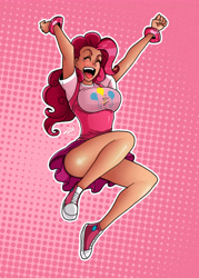 Size: 3600x5026 | Tagged: safe, artist:darkereve, artist:mesiasart, imported from derpibooru, pinkie pie, human, bracelet, breasts, busty pinkie pie, clothes, converse, eyes closed, female, humanized, jumping, outline, schrödinger's pantsu, shoes, skirt, solo, strategically covered, underbust, white outline