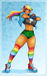 Size: 3600x5795 | Tagged: safe, artist:darkereve, imported from derpibooru, rainbow dash, human, abs, breasts, busty rainbow dash, clothes, converse, female, goggles, humanized, rainbow socks, rainbuff dash, shoes, socks, solo, striped socks, thigh highs